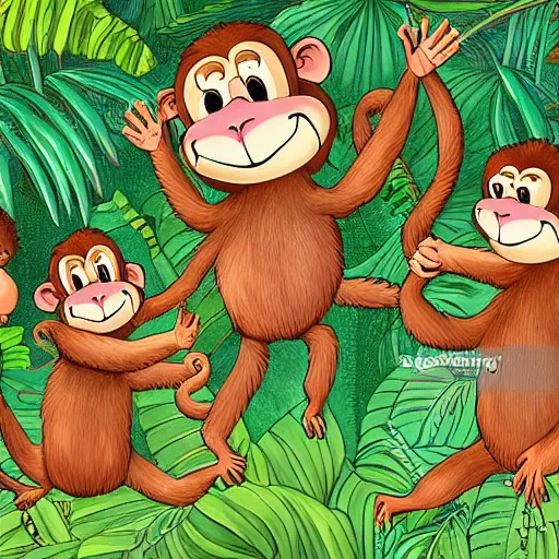 Image similar to Monkeys singing and dancing happily at a jungle, highly detailed illustration