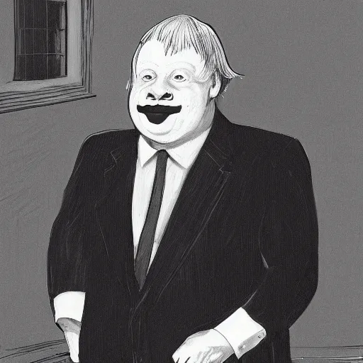 Prompt: a highly detailed fine art portrait of british prime minister boris john wearing a clown costume. in the style of edward hopper, richard hamilton and stanley kubrick.