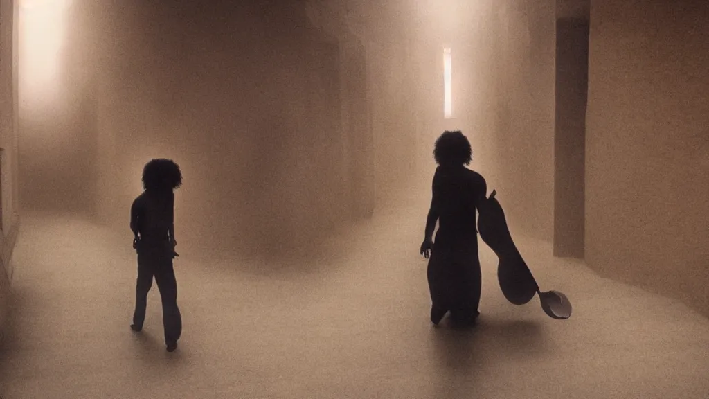 Image similar to photo from distance of a black man with long curly hair, carrying a electric guitar, walking out of from the past door, film still from the movie directed by Denis Villeneuve with art direction by Zdzisław Beksiński, wide lens