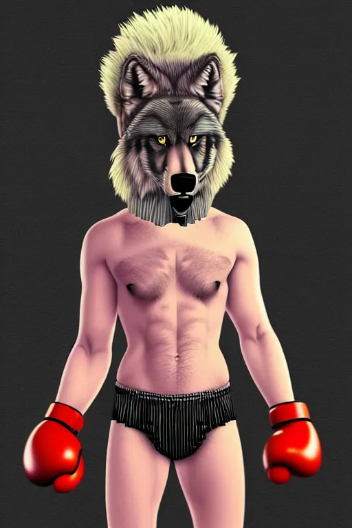 Prompt: full body shot antropomorphic muscular masculine furr wolf. kickboxer, in shorts. wolf head. furr on body. 8 bit nes graphics. vaporwave futuristic 8 0's