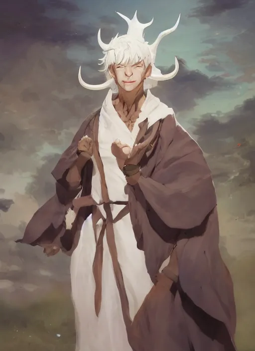 Prompt: concept art painting of a person with brown skin and short white hair, demon horns, white freckles, full clothing, blue robes, detailed, cel shaded, in the style of ruan jia and artgerm and makoto shinkai and james gurney