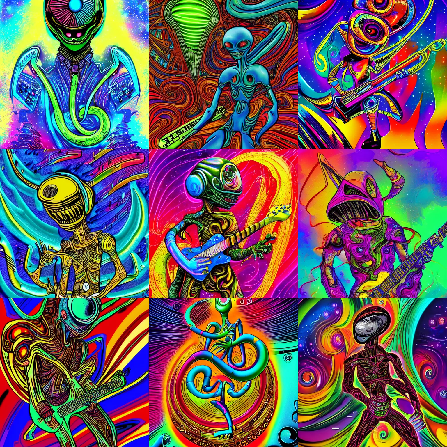 Prompt: alien musician, digital art, fantasy, explosion of color, highly detailed, in the style of jake parker, swirly vibrant colors, sharp focus - c 1 5. 0