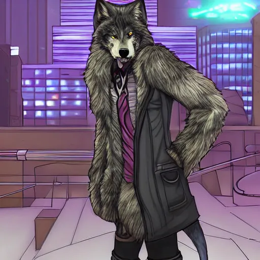 Image similar to beautiful furry art portrait digital art commission of a furry anthro wolf fursona wearing punk clothes in the streets of a cyberpunk city. character design by rick griffin, miles df