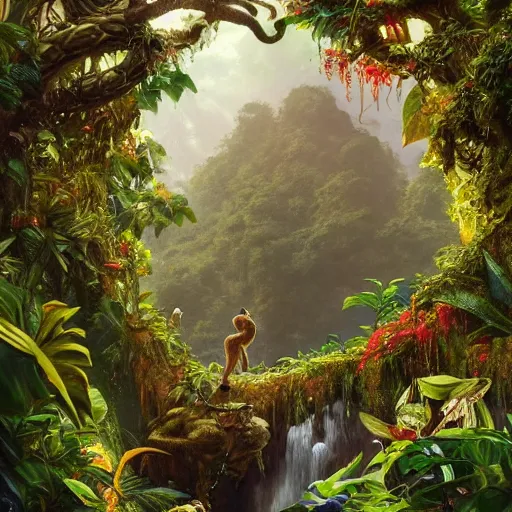 Image similar to a beautiful jungle landscape bordered by vines, flowers, tropical birds, monkey, snake, river with stunning water, d & d, fantasy, intricate, elegant, highly detailed, digital painting, artstation, concept art, matte, sharp focus, illustration, art by artgerm and greg rutkowski and alphonse mucha