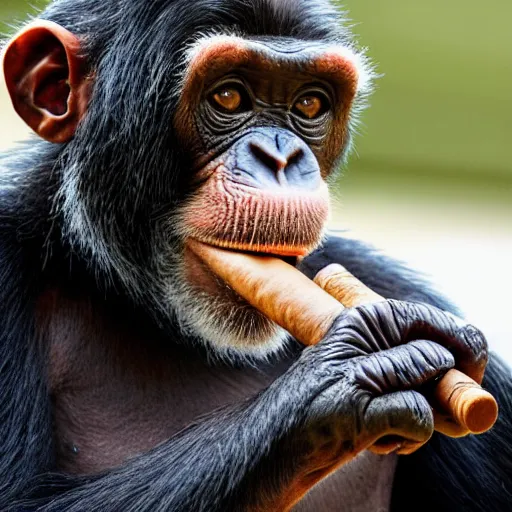 Image similar to a high detail closeup shot of a chimp wearing a suit, smoking a cigar