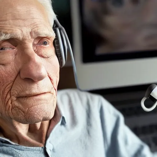 Image similar to A colored colorized real screenshot of Jerma985 as an elderly guy streaming on his computer while wearing headphones, taken in the early 2020s, taken on a 2010s Camera, realistic, hyperrealistic, very realistic, very very realistic, highly detailed, very detailed, extremely detailed, detailed, digital art, trending on artstation, headshot and bodyshot, detailed face, very detailed face, very detailed face, real, real world, in real life, realism, HD Quality, 8k resolution, intricate details, colorized photograph, colorized photon, body and headshot, body and head in view