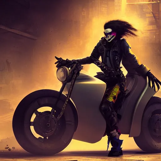 Prompt: ghostpunk woman riding a cyberpunk futuristic motorcycle in the city by eddie mendoza and greg rutkowsi, foggy, dark, moody, volumetric lighting, dirty