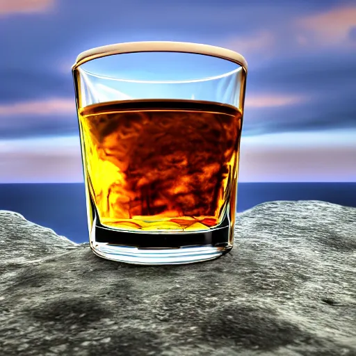 Prompt: a glass of whiskey on a rock looking out on the ocean, realistic, hdr, clear image, hdd, dynamic lighting, rtx on,