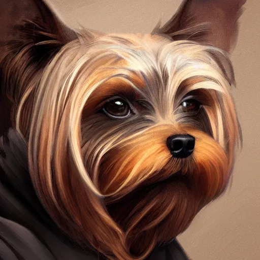 Prompt: A cute yorkshire terrier from hogwarts, 30mm, by Noah Bradley trending on ArtStation, deviantart, high detail, stylized portrait