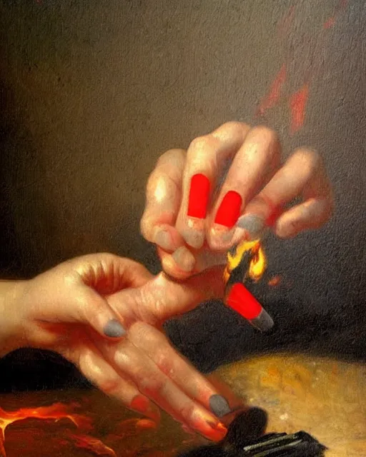 Prompt: by 1 9 th century famous painter, hands, nail polish, with fire, realism, realistic, oil painting, red wallpaper background