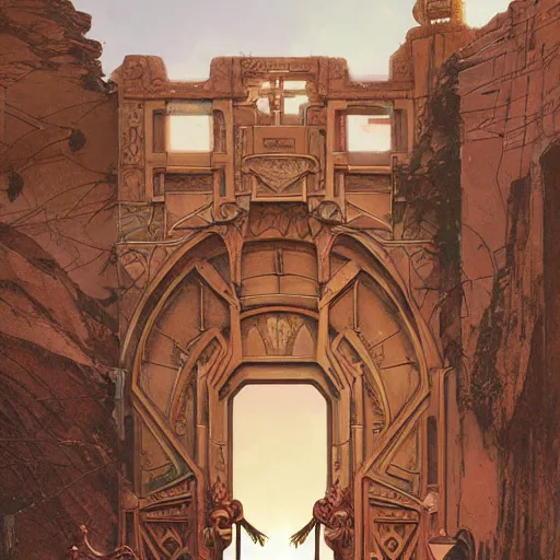 Image similar to art nouveau gate leading into rock-cut cyberpunk temple with Nabatean geometric decorations, figures cloaked in robes standing outside, hardy desert bushes, science fiction concept art by greg rutkowski and wayne barlowe and alphonse mucha