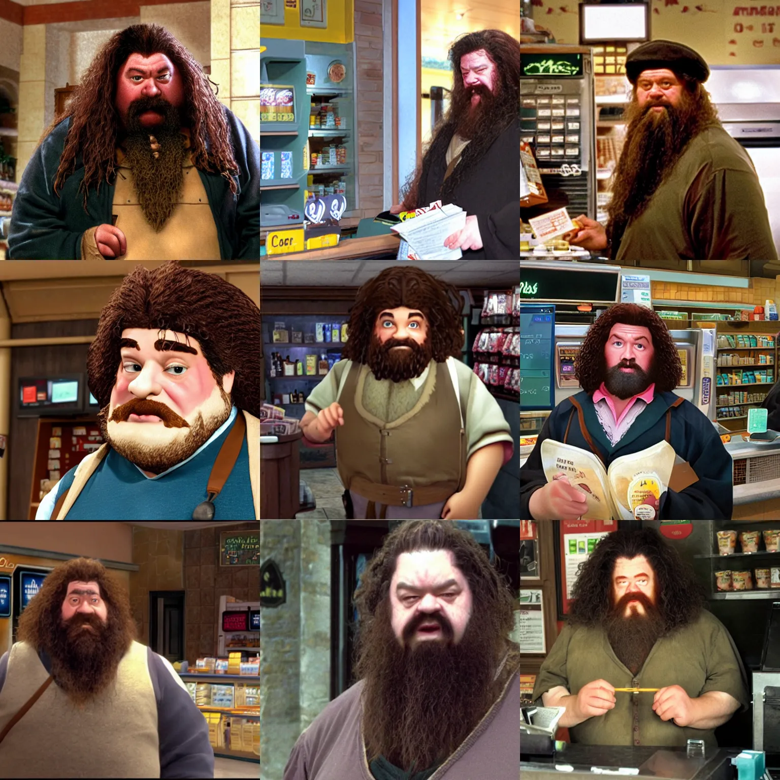 Prompt: still of ps 1 hagrid as a cashier at macdonald's