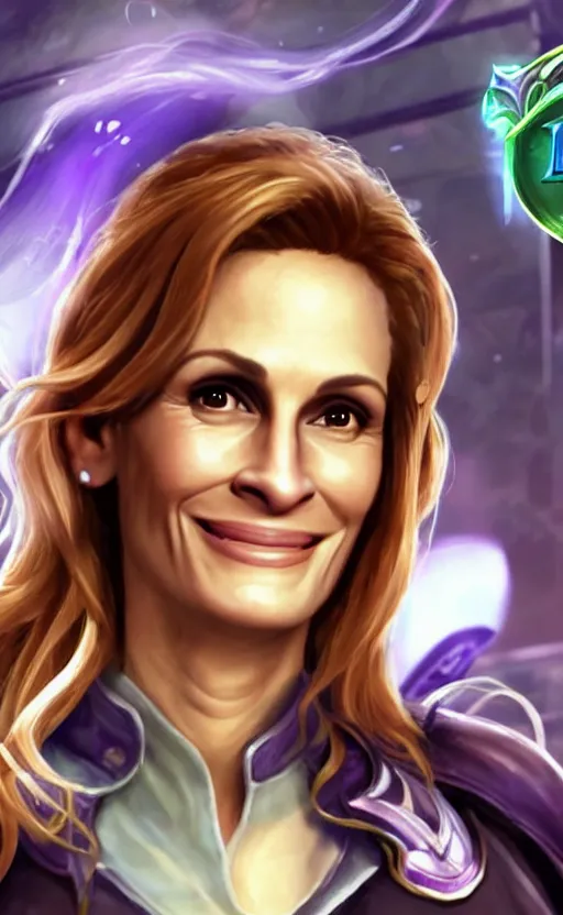 Image similar to Julia Roberts as a character in the game League of Legends, with a background based on the game League of Legends, detailed face, old 3d graphics