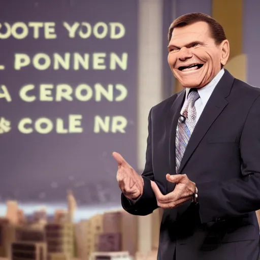 Prompt: a still of kenneth copeland, smiling, surrounded by flying money