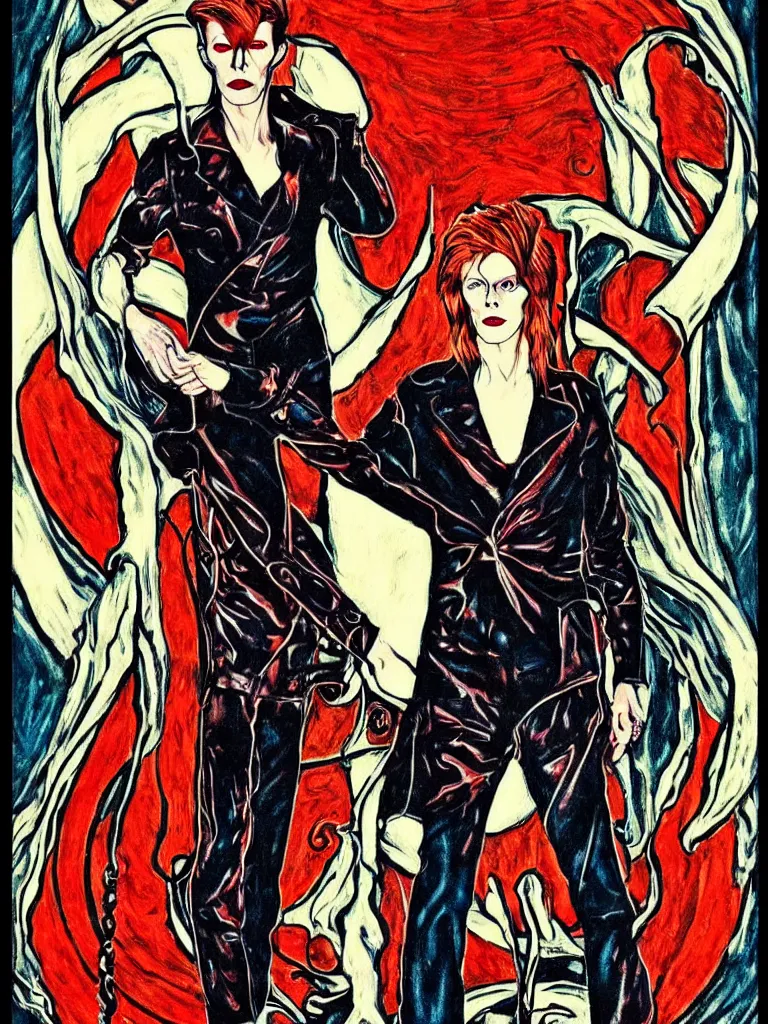 Image similar to art nouveau, David Bowie, one single figure, tarot card, The Vampire, leather jacket, jeans, long red hair, full body