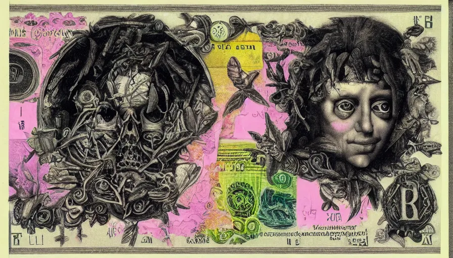 Image similar to post - punk new age album cover, asymmetrical design, dollar bank notes, capitalism, magic, apocalypse, psychedelic, black white pink, magic, giger h. r., giuseppe arcimboldo