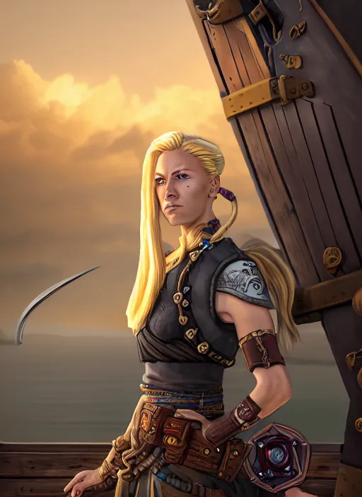 Image similar to An epic fantasy comic book style portrait painting of tall blonde haired female sky-pirate with a serious face and a pony tail in front of a metal gangplank in the style of the wheel of time, unreal 5, DAZ, hyperrealistic, octane render, cosplay, RPG portrait, dynamic lighting