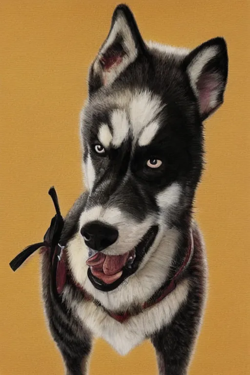 Image similar to a portrait painting of a husky in cowboy costume in the style of anime, a fistful of dollars, per un pugno di dollari, humanoid, personify, anthropomorphic, furry