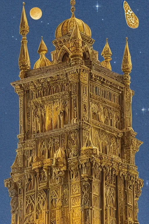 Prompt: ancient silver tower of the moon, fairytale illustration, elaborate carved wood balconies, tall windows, moorish architecture, formal gardens, dramatic cinematic lighting, beautiful moths, soft colors, golden age illustrator