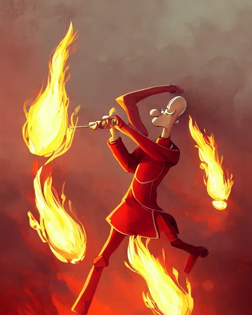 Image similar to squidward with four legs wearing fire nation clothing and practicing firebending outside at susnset, [ greg rutkowski ]