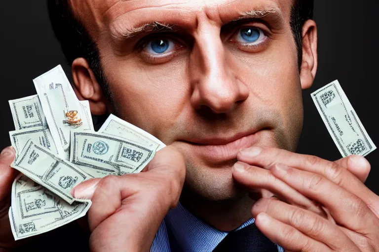 Image similar to close up portrait of emmanuel macron holding bags of money, photograph, natural light, sharp, detailed face, magazine, press, photo, steve mccurry, david lazar, canon, nikon, focus