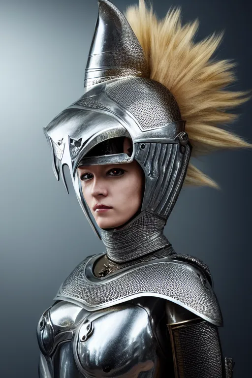 Image similar to female knight wearing a real cat on her head, armor designed by wayne barlowe, swarovski and tiffany, blonde hair, symmetry, sci - fi, cinematic, elegant, luxury, perfect light, perfect composition, dlsr photography, sharp focus, dark fantasy, 8 k, ultra hd, sense of awe, highly detailed, realistic, intricate