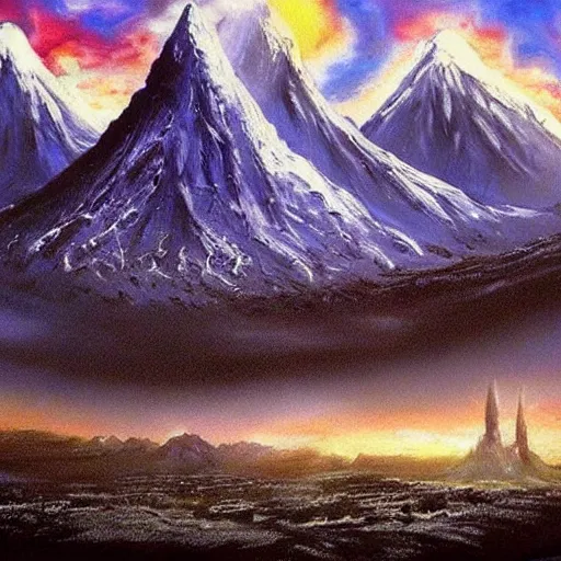 Prompt: mordor from the lord of the rings, painting by bob ross