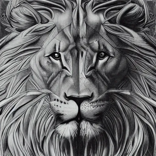Prompt: a philosophical lion, an ultrafine detailed painting by james jean, high contrast greyscale, behance contest winner, vanitas, angular, altermodern