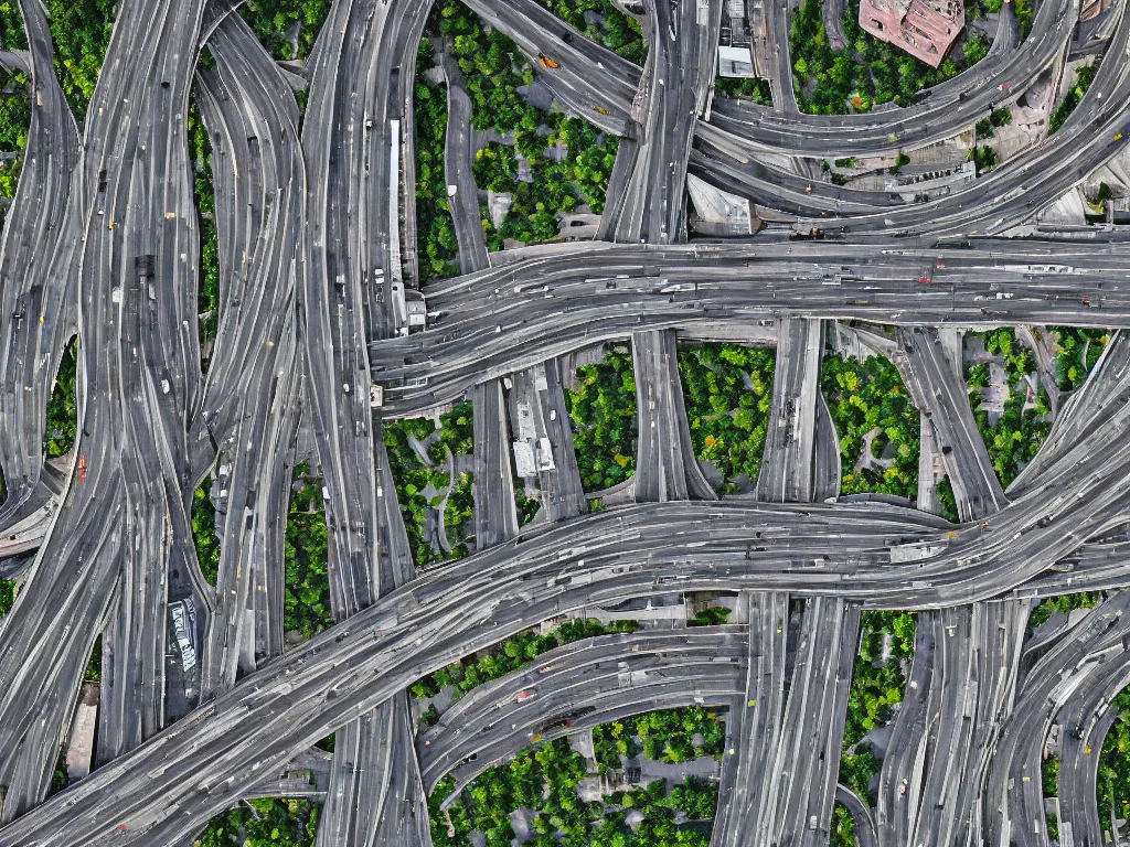 Prompt: drone view of a large highway through city, Brutalist architecture,sharp focus,telephoto lens,digital art 4k