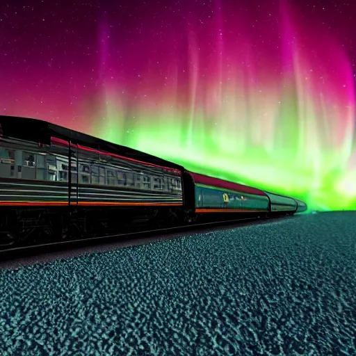 Prompt: Orient Express flying through interstellar space. The engine is a head of a monster. Psychedelic aurora borealis in the background - n 9