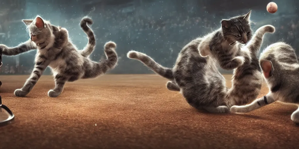 Prompt: cats playing baseball, realistic 4 k octane beautifully detailed render, 4 k post - processing, highly detailed, intricate complexity, epic composition, magical atmosphere, cinematic lighting, masterpiece, ultra hd