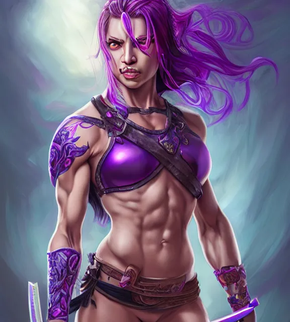 Prompt: muscular female warrior holding katana hilt, perfect face, diadem, detailed neon tattoos, halter top, purple flowing hair, abs, cinematic, blush, stunning, athletic, strong, agile, highly detailed, psychedelic, digital painting, artstation, smooth, hard focus, rim lighting, back lighting, illustration, art by jessica rossier and and brian froud