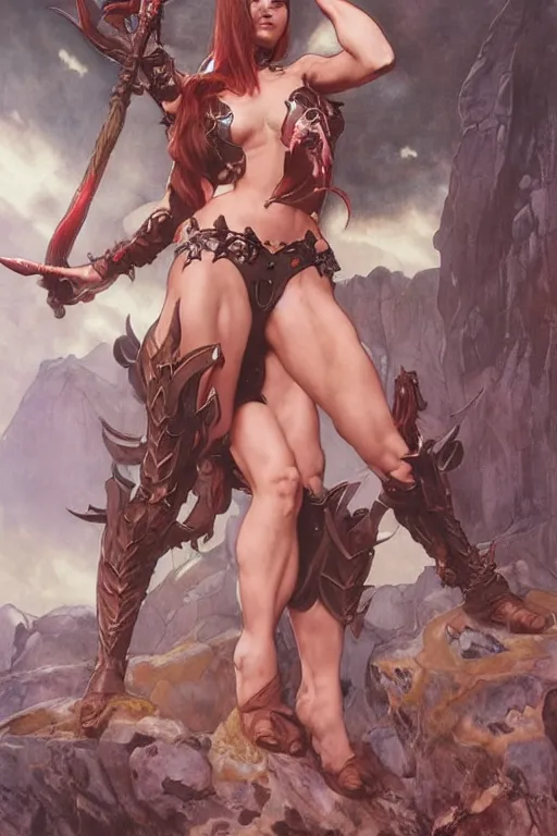 Image similar to a female muscular devil with horns, wearing leather bikini, holding trident, art by artgerm and greg rutkowski and edgar maxence and alphonse mucha 8 k, high detail, fantasy art, dnd, artstation,
