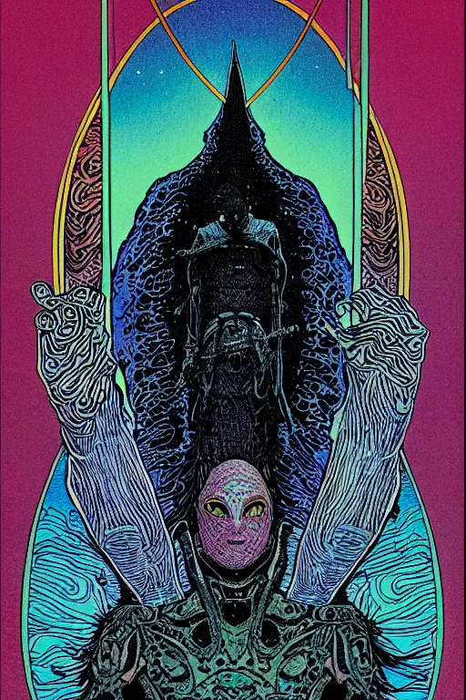 Prompt: portrait of black and psychedelic grainshading tarot card print of the enemy by moebius, wayne barlowe, comic cover art, very intricate, thick outlines