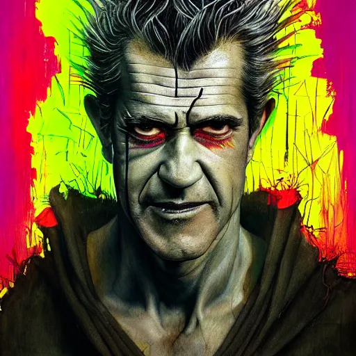 Prompt: a Demon Slayer portrait of Mel Gibson, tall, pale-skinned, slender with lime green eyes and long eyelashes by Stanley Artgerm, Tom Bagshaw, Arthur Adams, Carne Griffiths, trending on Deviant Art, street art, face enhance, chillwave, maximalist, full of color, glittering