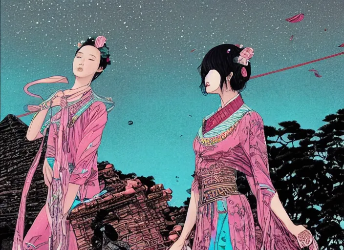 Image similar to lee jin - eun in luxurious dress emerging from pink and turquoise water in egyptian pyramid city during an eclipse by takato yamamoto, nicola samuri, conrad roset, m. k. kaluta, martine johanna, rule of thirds, elegant look, beautiful, chic, face anatomy, cute complexion