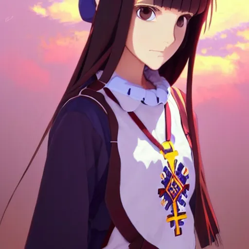 Image similar to a beautiful! boyish! natalie portman model, wearing catholic school girl outfit with mayan pattern and native style, aztec street fashion, guilty gear art direction, gapmoe yandere grimdark, trending on pixiv fanbox, painted by greg rutkowski makoto shinkai takashi takeuchi studio ghibli, akihiko yoshida