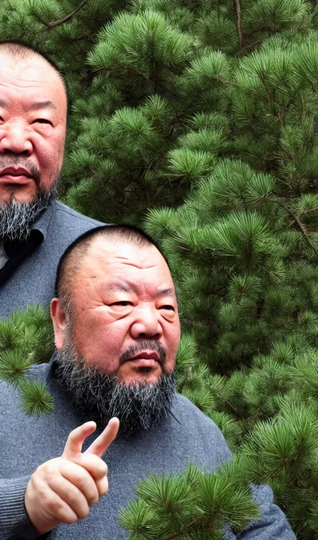 Image similar to Ai Weiwei looking angry into the camera showing his middle finger, blue soft light, a green pine tree in the background, 50 mm