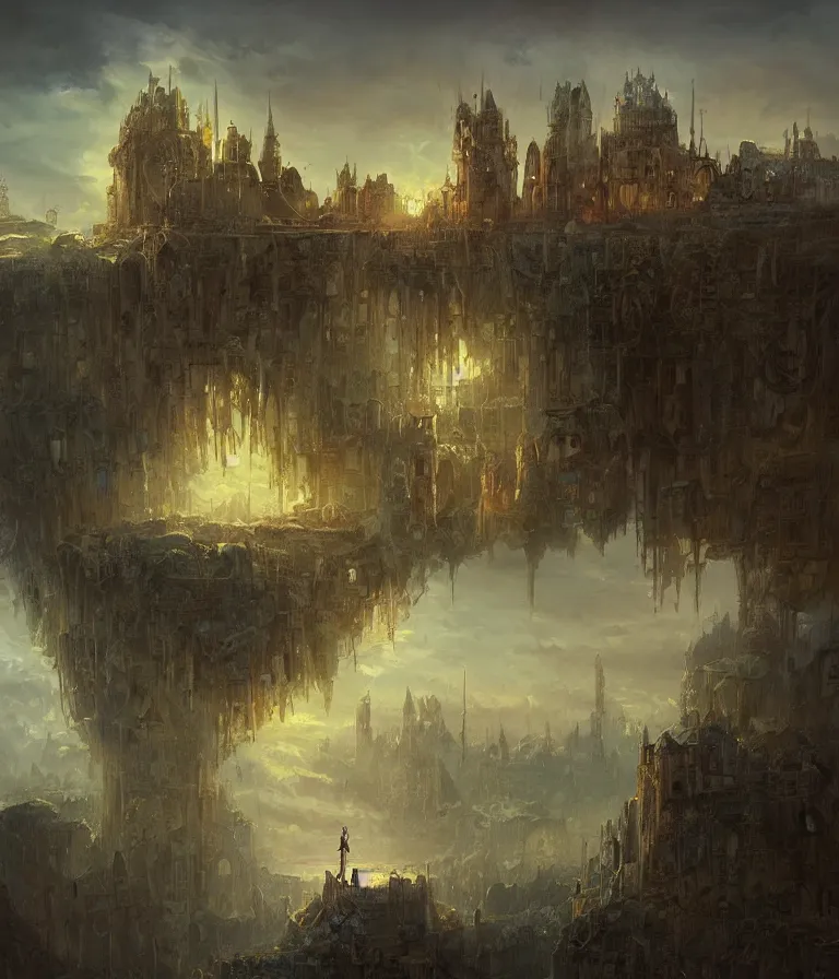 Prompt: a painting of a city castle floating in the air, flying island, sky town, levitating citadel, a matte painting by marc simonetti, deviantart, fantasy art, lush world above a vast apocalypse landscape, matte painting, apocalypse utopia art, sharp detail, ultrarealistic