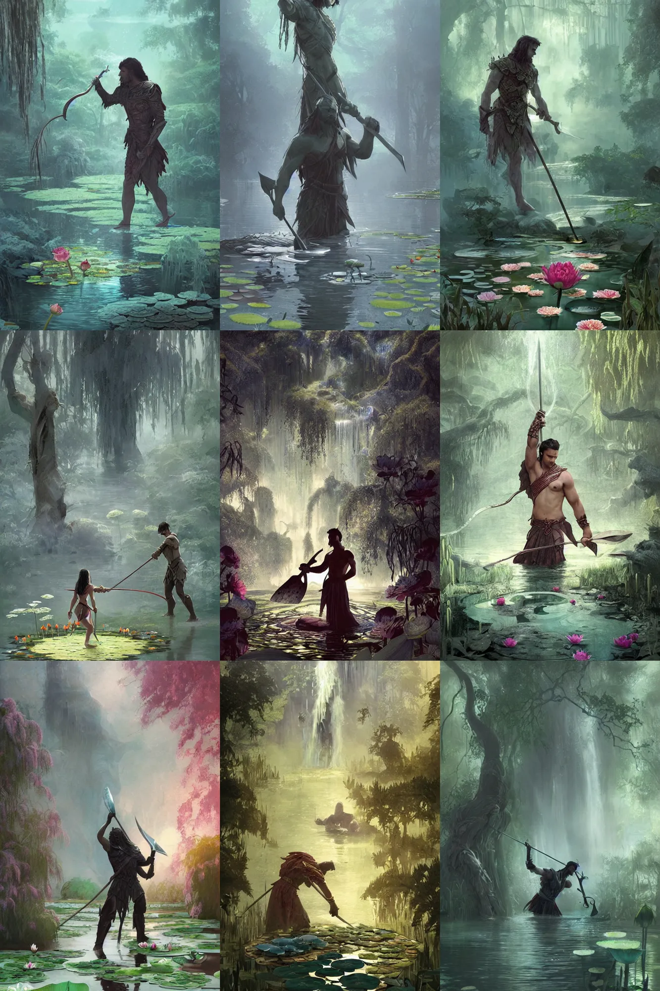 Prompt: king arthor pulling Excalibur out of the fairy lily pad pond with a weeping willow peonies, strong silhouette, Minimal Movie Posters, fantasy magic, art masterpiece by Greg Rutkowski, Gaston Bussiere, craig mullins, #wip #illustration #illustradraw #illustrator #vector #colors #colorschemes