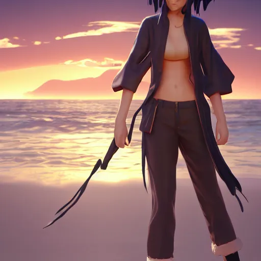 Image similar to concept art of a 3d Ryougi Shiki, full round face, golden hour, serene beach setting, medium shot, mid-shot, highly detailed, trending on Artstation, Unreal Engine 4k