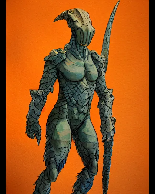 Image similar to a watercolor painting full body character portrait of a humanoid dinosaur / animal soldier / martial artist in the style of moebius in the style of leonard boyarsky trending on artstation deviantart pinterest furaffinity detailed photorealistic highlights and shadow hd 8 k post - processing high resolution