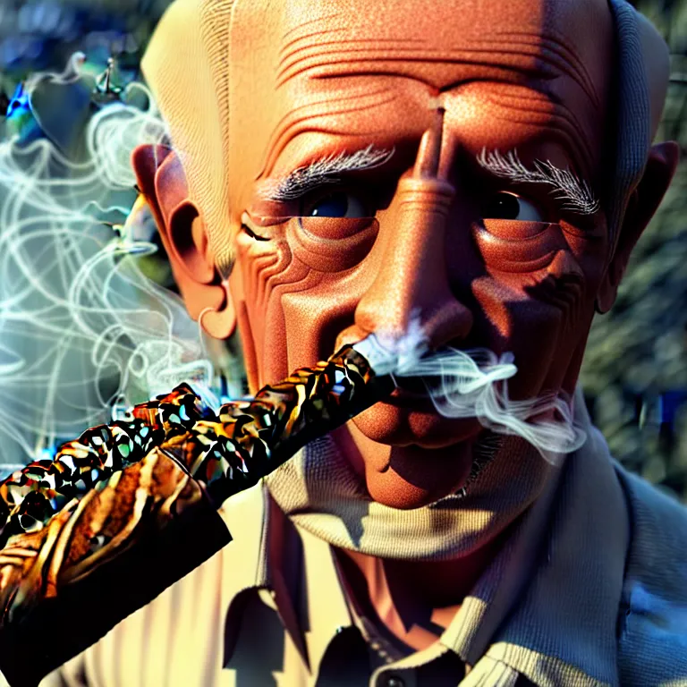 Image similar to a detailed portrait of an old man, smoking a perfectly symmetrical cuban cigar, cinematic photography, smoke rising like clouds, beautifully symmetrical, super resolution, cgi, trending on art station, volumetric lighting & shadows, hyper detailed, 8 k, unreal engine, canon 2 0 0 mm,