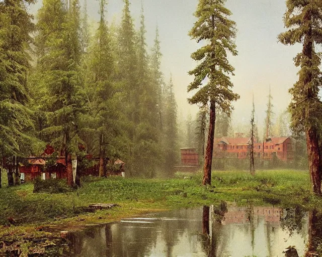 Image similar to beautiful matte painting of cute soviet block of flats in forest by ivan shishkin, bokeh