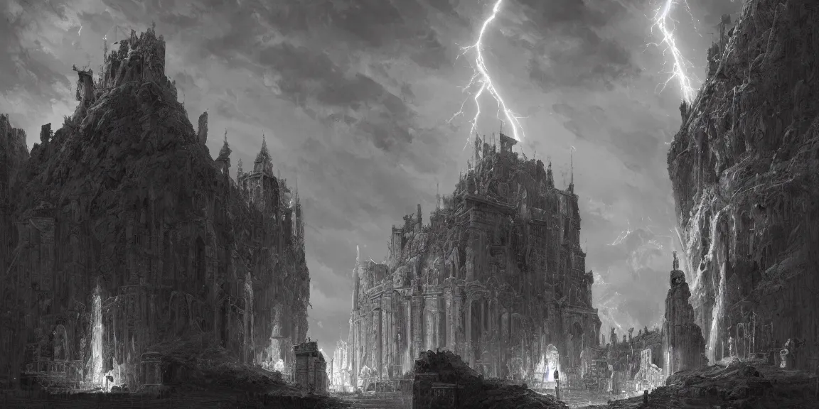 Prompt: the holy castle of Zeus, electrified, lightning-based, with statues, hyperdetailed, artstation, cgsociety, by greg rutkowski, by Gustave Dore, Deviantart