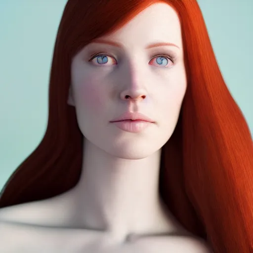 Image similar to portrait of a redhead woman with green eyes, hyper realistic, volumetric lighting