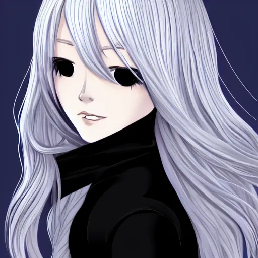 Image similar to young woman with long wavy ashen silver hair, with blackness instead of eyes, anime