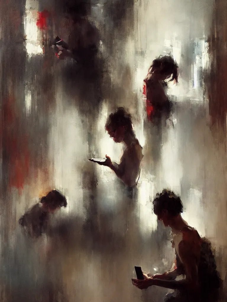 Prompt: a beautiful painting by mark tennant of people looking at their phone in a bathroom, color bleeding, brushstrokes by jeremy mann