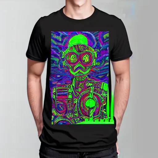 Prompt: mockup of a black tshirt with a hyperdetailed trippy portrait of a atompunk robot by hajime sorayama, 8 k, symetrical, flourescent colors, trippy mood, multicolored,