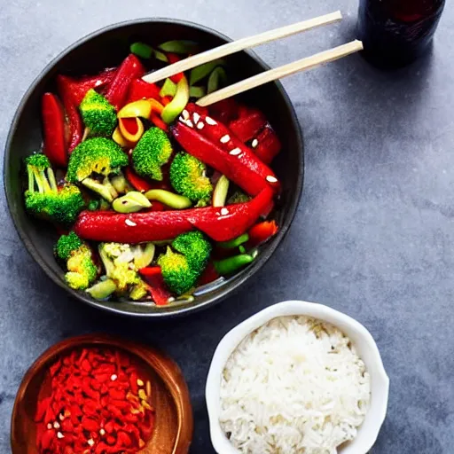 Prompt: 🍚 🔥 🍓 🥦 🧄 🌶️ stirfry with a bottle of soy sauce